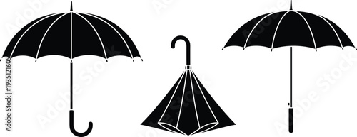 Classic black umbrella silhouettes in open and closed positions, waterproof rainy weather protection accessories for autumn and spring, vector illustration