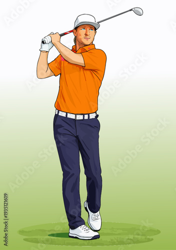 070-50-Golf player performing swing wearing hat and orange shirt on green background