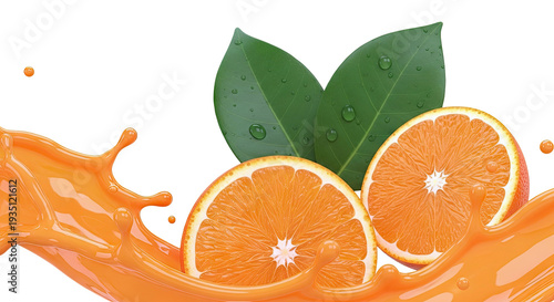 Orange juice splash with fresh oranges and green leaves