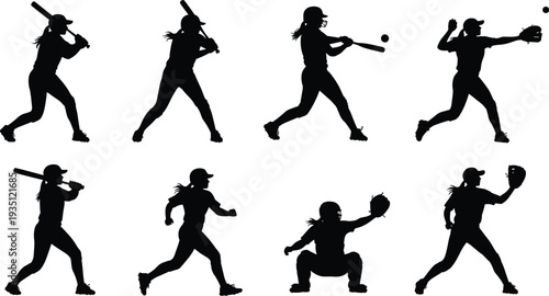 Black softball player silhouettes set, female baseball players hitting batting throwing and catching poses, sports icons isolated on white background