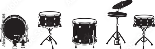 Black silhouette collection of five drum types on a white background, minimal outline