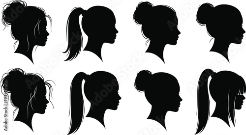 Set of female profile silhouettes, woman head with different hairstyles, ponytail and bun hair icons, beauty salon logos on white background