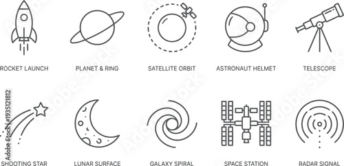 Collection of minimalist line icons representing space exploration and astronomical objects.