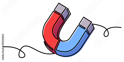 Editable continuous one line drawing magnet vector for minimalist tech brands. Ideal for symbolizing sleek attraction, clean physics, and modern force.