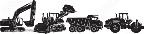 Black silhouette collection of five heavy equipment machines on a white background, minimal outline
