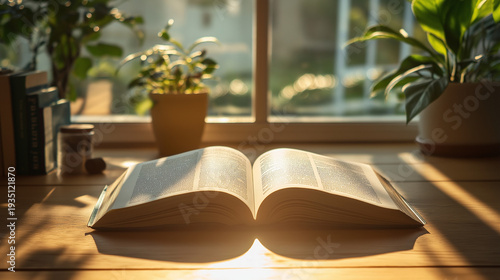 Open book on table in warm sunlight with cozy interior