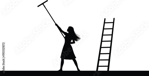 Silhouette person cleaning with long tool ladder, maintenance worker artwork illustration, labor concept design, household chores graphic, effort task decorative drawing