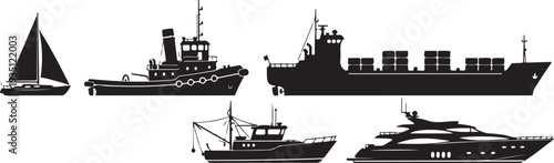 Black silhouette collection of five ships and boats in side view on a white background, minimal outline.