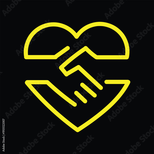 Handshake friendly agreement partnership deal, corporate trust contract thin outline icon. Minimalist line sign two hands shaking each other in heart symbol. Vector isolated pictogram for web and app.