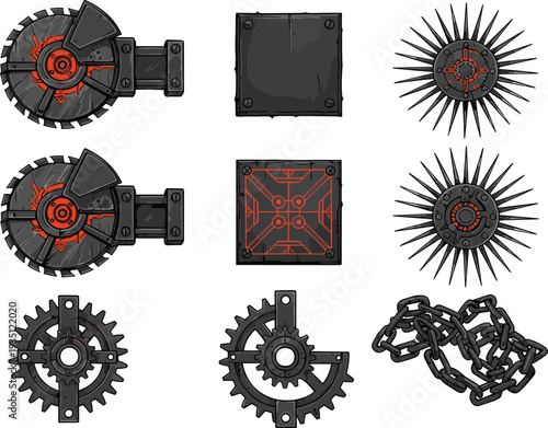 Industrial mechanical parts set, futuristic gears saw blades chain and metal panels vector illustration isolated collection