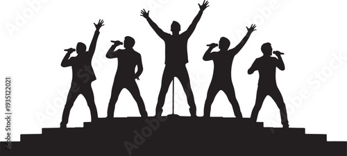 Black silhouette collection of five singers performing on stage on a white background, minimal outline