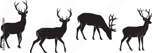 Black silhouette collection of four deer poses with antlers on a white background, minimal outline.