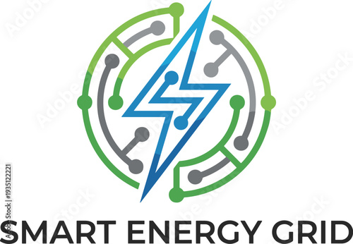 Smart Energy Grid Logo with Electric Lightning Bolt and Circuit Network Symbol Representing Renewable Power Technology and Digital Energy Infrastructure