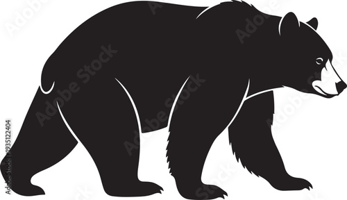 Black silhouette of a bear walking in forest style on a white background, minimal outline