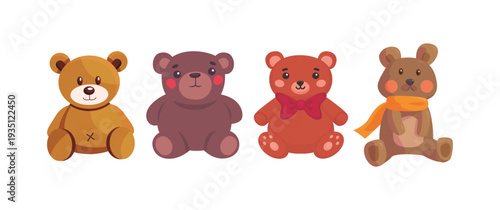 Set of teddy bear clipart on white background,  illustration kids teddy bear, toy collection of cute cartoon teddy bear toy with flat style in vector isolated.