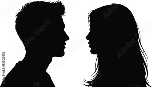 Black silhouette profile of young man and woman facing each other on white background, couple headshot, romantic relationship concept, side view.