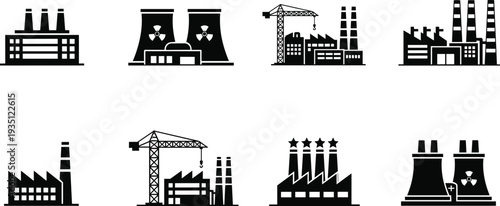 Black silhouette icon set of industrial factory buildings nuclear power plants and construction cranes isolated on white background for manufacturing and energy concepts