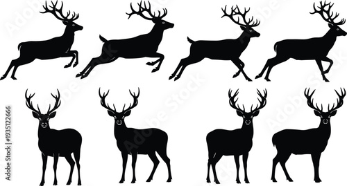 Black silhouette set of majestic deer and stags jumping and standing isolated on white background for nature and wildlife design