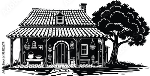 Black and white rustic cottage illustration with cozy porch tiled roof and large leafy tree isolated on white background for architectural design projects