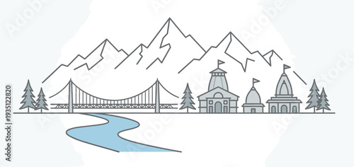 Minimalist Linear Uttarakhand Skyline Vector Art Showing Himalayan Mountain Peaks Suspension Bridge River and Hindu Temples for Sacred India Travel and Pilgrimage Backgrounds