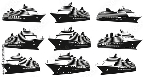 Cruise ships in black and white, a fleet of vessels sailing the seas.