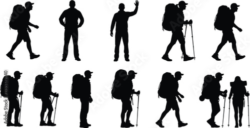 Large collection of human silhouettes, parents playing with children, hikers with backpacks, people meditating, diverse men and women, isolated vector.
