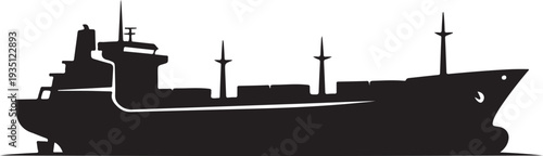 Black silhouette of a cargo ship in side view on a white background, minimal outline.