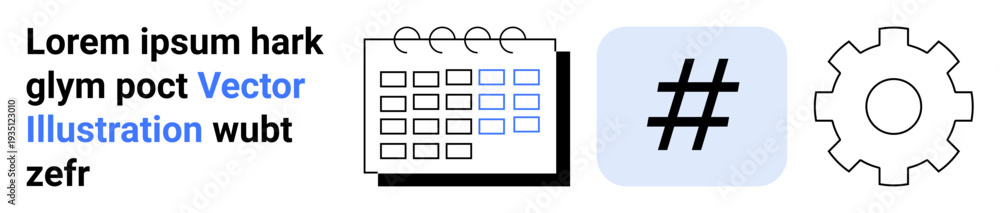 Fototapeta premium Calendar symbol, metadata tag icon in blue background, and gear icon for planning, social trends, and functionality. Ideal for productivity, social media, technology, development innovation process