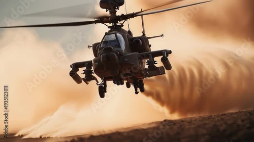 An Apache helicopter hovers just above the arid desert landscape kicking up clouds of sand and rotor wash in a breathtaking display of military aviation power and agility.