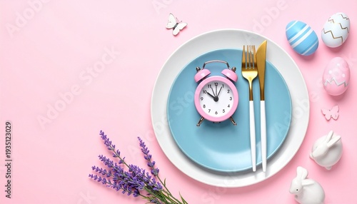 Pastel Easter flat lay with clock and plate