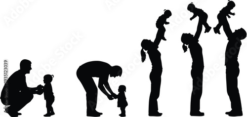 Silhouettes of parents playing with their toddler, father and mother lifting child, family bonding moments, growth and happy childhood concept.