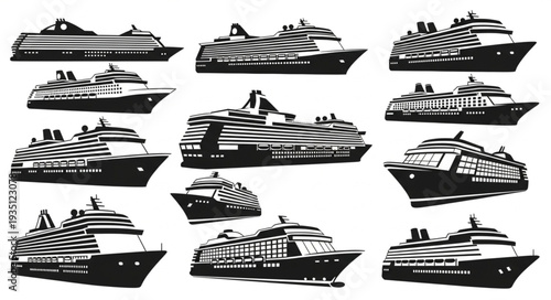 Collection of various cruise ships in black and white, perfect for travel and tourism.