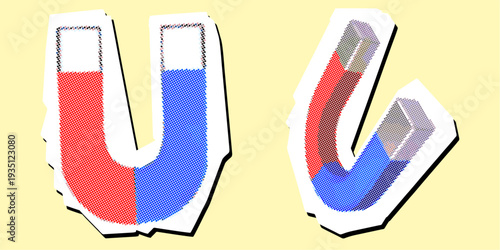 Set magnet editable halftone scrapbook element vector for retro zines. Ideal for symbolizing pop art attraction, vintage physics, and nostalgic force.