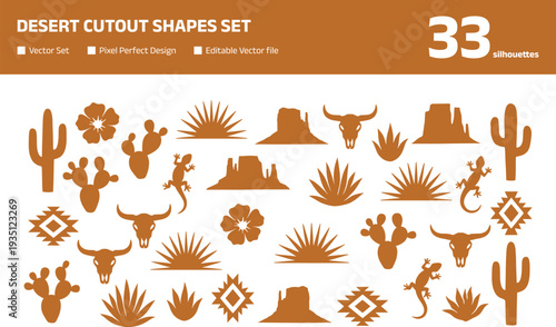 Fotografia Desert cutout shapes set with cactus lizard and bull skull silhouettes