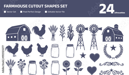 Farmhouse cutout shapes set with barn rooster and windmill silhouettes