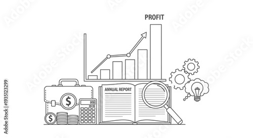 Business growth illustration featuring a laptop, briefcase, calculator, annual report, and a rising profit chart, collectively representing financial analysis, investment, and strategic planning for.