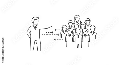 Leader figure confidently directs a group of followers with an outstretched arm, symbolizing strong guidance, strategic instruction, and effective team management within an organizational structure.