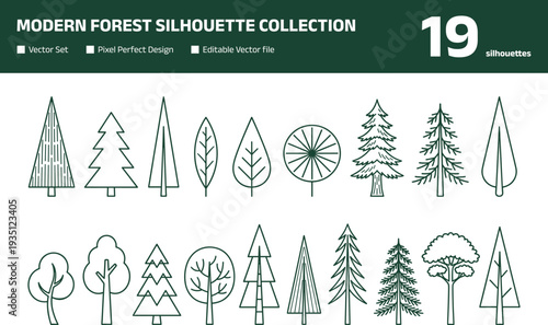 Modern forest silhouette collection featuring evergreen and leafy tree icons