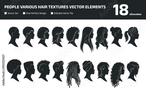 People head portrait vector elements featuring various hair textures