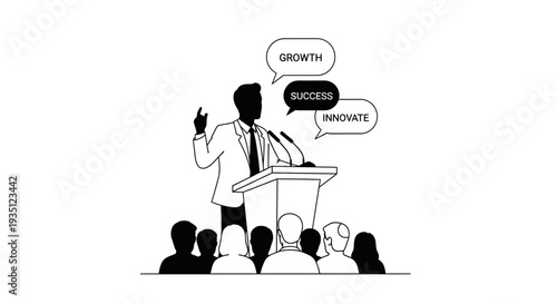 Speaker delivers an inspiring business presentation from a podium to a diverse audience, emphasizing key concepts like growth, success, and innovation in the corporate world.