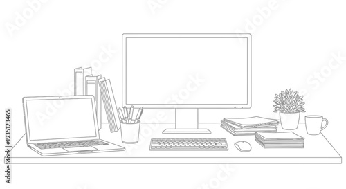 A contemporary and organized minimalist desk setup features a large computer monitor, a sleek laptop, a keyboard, mouse, stack of books, a green plant, and a coffee mug, creating an ideal remote.