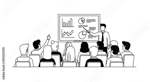 A business presenter stands before an attentive audience, pointing to a large screen displaying various financial charts and analytical graphs during a corporate seminar or educational workshop.