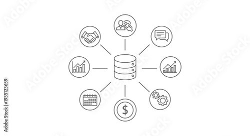 Database system, shown as a central icon connected to business concepts like growth, collaboration, communication, and efficiency, effectively visualizes integrated operational dynamics crucial for.