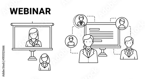 Webinar concept illustrated by presenters on screens connected digitally to remote attendees, emphasizing online education and virtual conferencing.