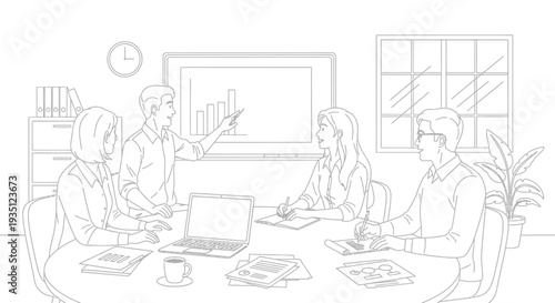 Four professionals sit around a conference table during a planning session where one executive points to a bar chart displayed on a large screen.
