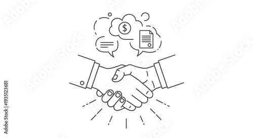 Two business people firmly shake hands above thought bubbles containing currency and legal document symbols, signifying a finalized agreement.