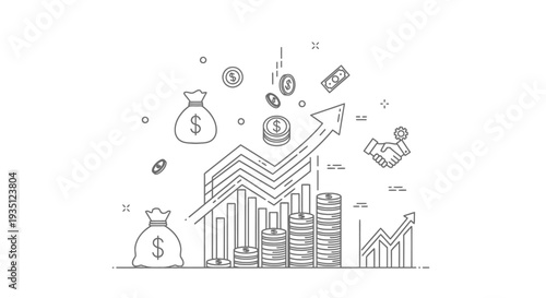 Detailed line graphic visualizes substantial monetary growth featuring rising bar charts, ascending arrow, stacks of coins, flying banknotes, and money bags indicating success.