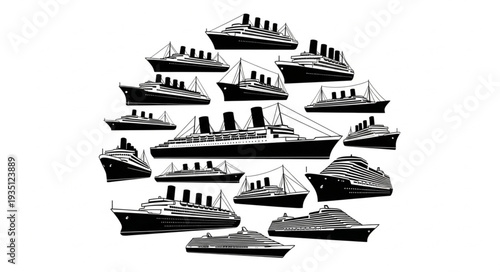 Collection of various detailed illustrations of different types of ships and boats in a circular arrangement.