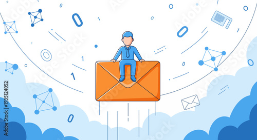Man Flying on Email Envelope Cloud Computing Digital Communication