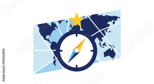 Global Navigation and Travel Direction World Map Compass Star